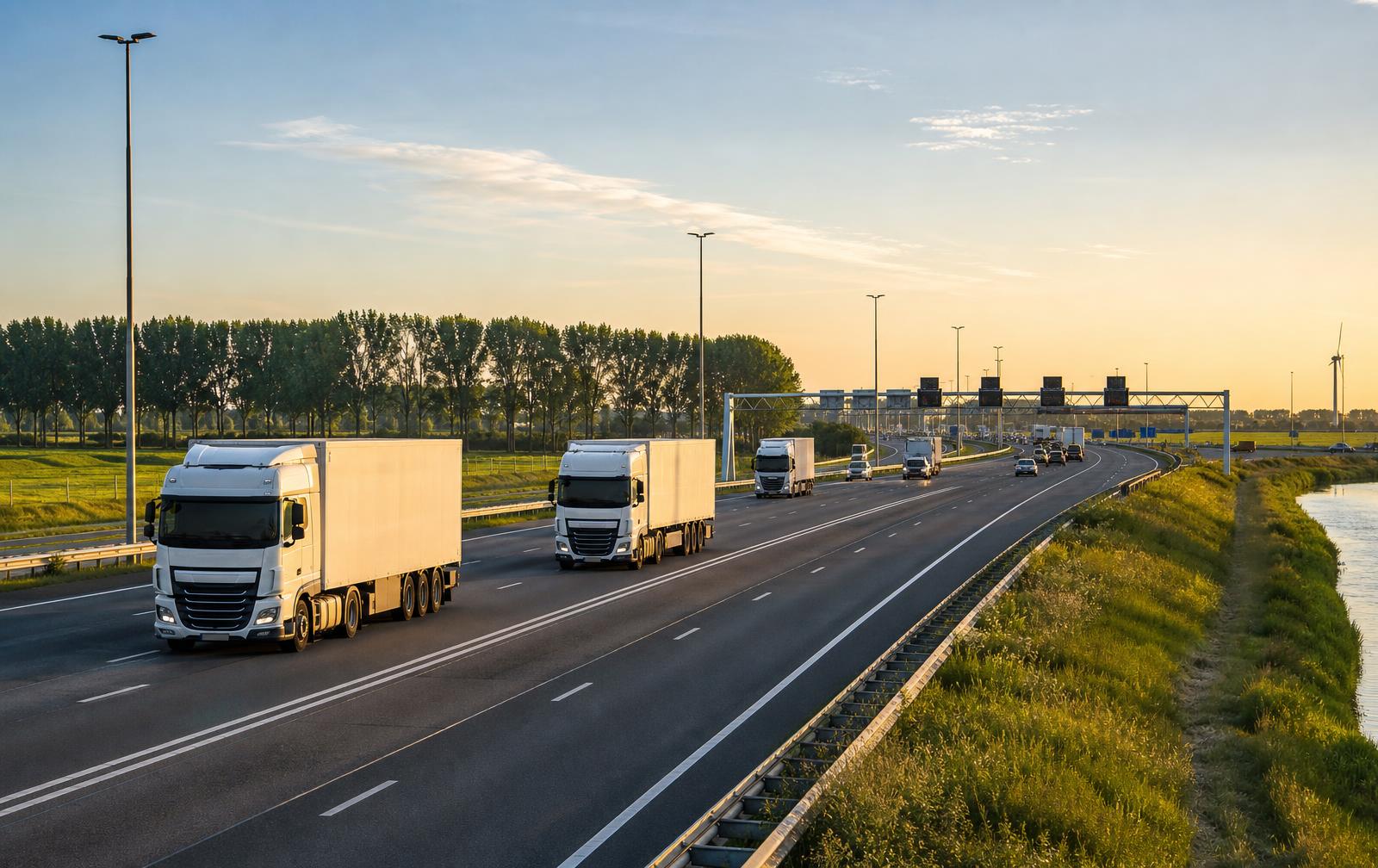 Vrachtwagens op een Nederlandse snelweg in de vroege avond